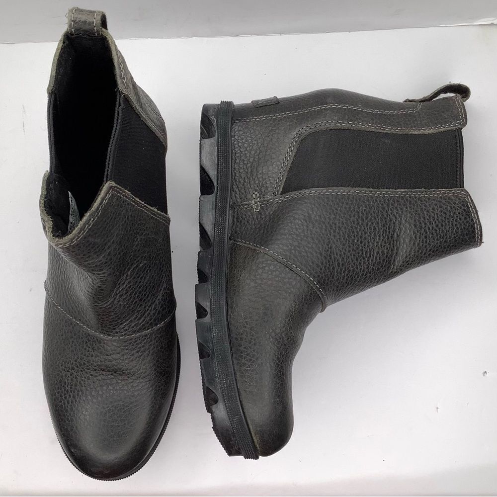 Sorel Black Leather Wedge Ankle Fashion Ankle Booties Sz 6.5 Retro, Lug, Chunky